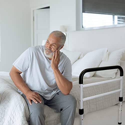 Vaunn Medical Adjustable Bed Assist Rail Handle and Hand Guard Grab Bar, Bedside Safety and Stability (Tool-Free Assembly), White/Black